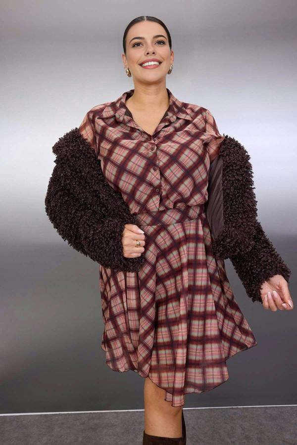 WOVCOR Plaid Chiffon Mini Woven Plus Size Dress