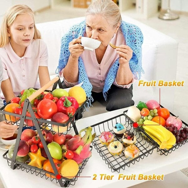Dyzi 2 Tier Metal Fruit Vegetable Basket Detachable Storage Rack Black
