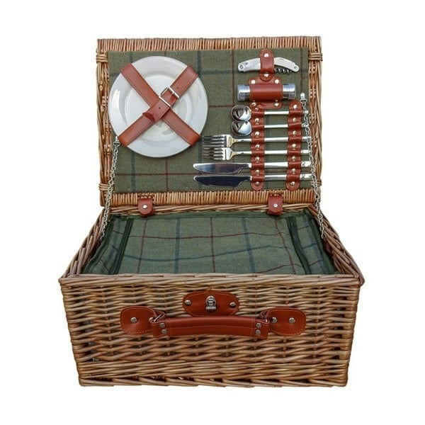 Green Tweed Fitted Wicker Picnic Basket