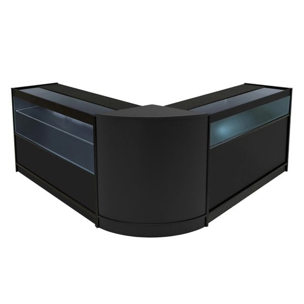 Adonis LED Shop Counter Set in black features a sleek, modern design with glass display sections and smooth curved edges