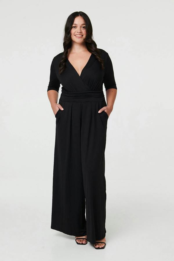 Black | Curve 1/2 Sleeve Wrap Wide Leg Jumpsuit

