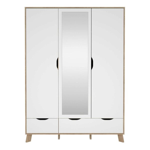 Wyld Haus Lira Jackson Hickory Oak Wood and White Wardrobe 3 Doors  2 Drawers with Mirror