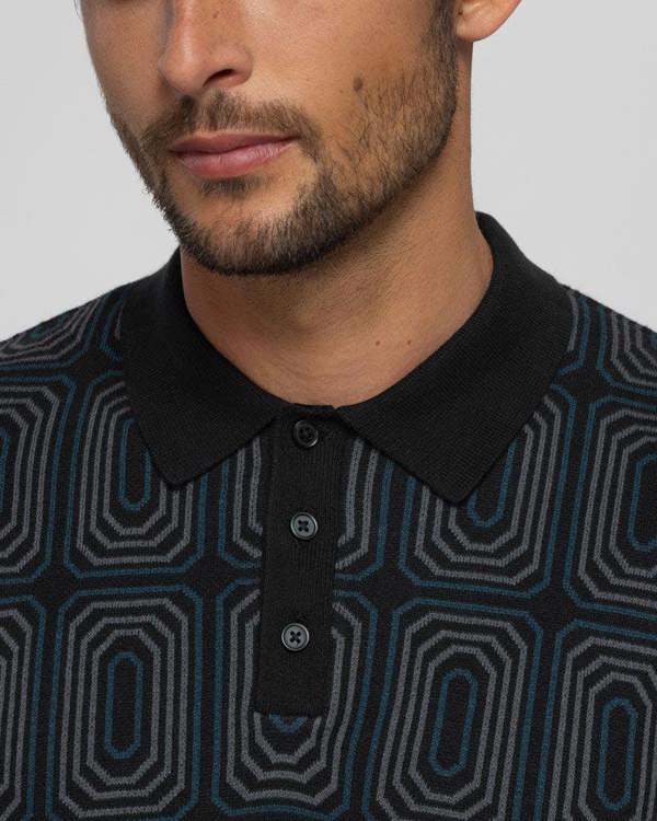 Steel & Jelly Kelsall - Retro Print Knitted Polo Shirt