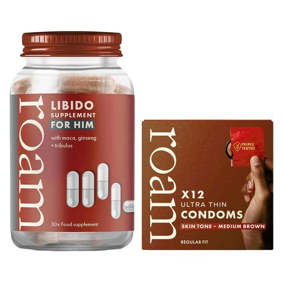 Roam Libido For Him & Medium Brown Condom Bundle - Male Energy Pack - Gift Set