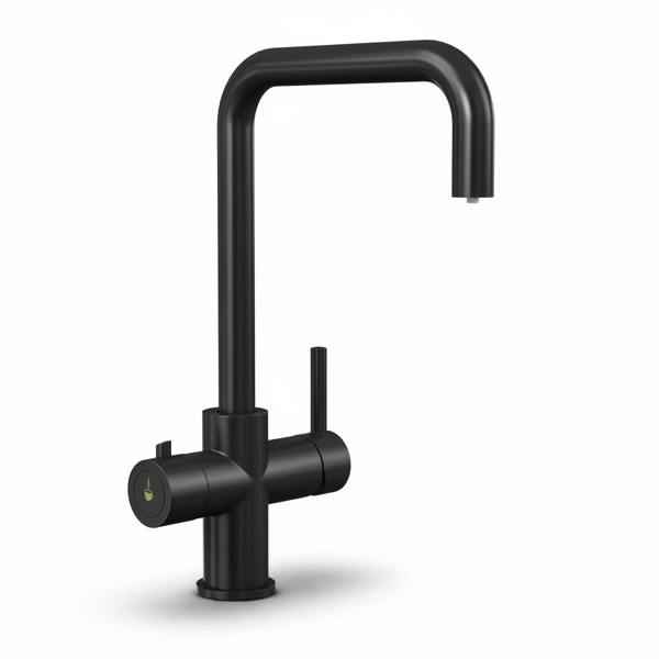 Matt black boiling water tap on a white background
