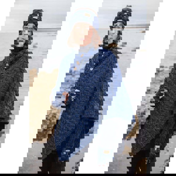 Aran Cable Button Shawl Neck Poncho - Cozy Knitwear for Women