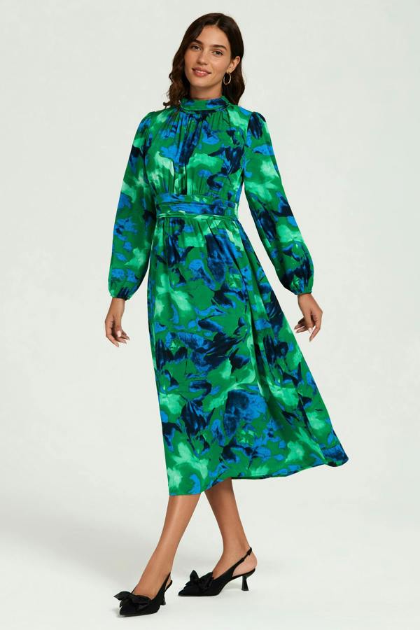 FS Collection Abstract Floral Print Long Sleeve Midi Dress In Green