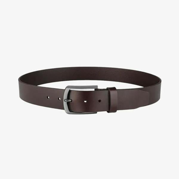Full length view of Brown leather belt with a silver buckle on a white background