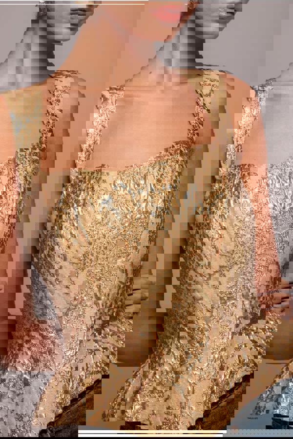 Sleeveless Jacquard Lace Up Back Corset - Gold T265