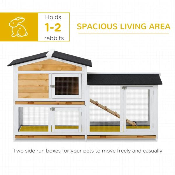 Wooden rabbit hutch with enclosed house and two side run boxes, black roof pads and wire mesh