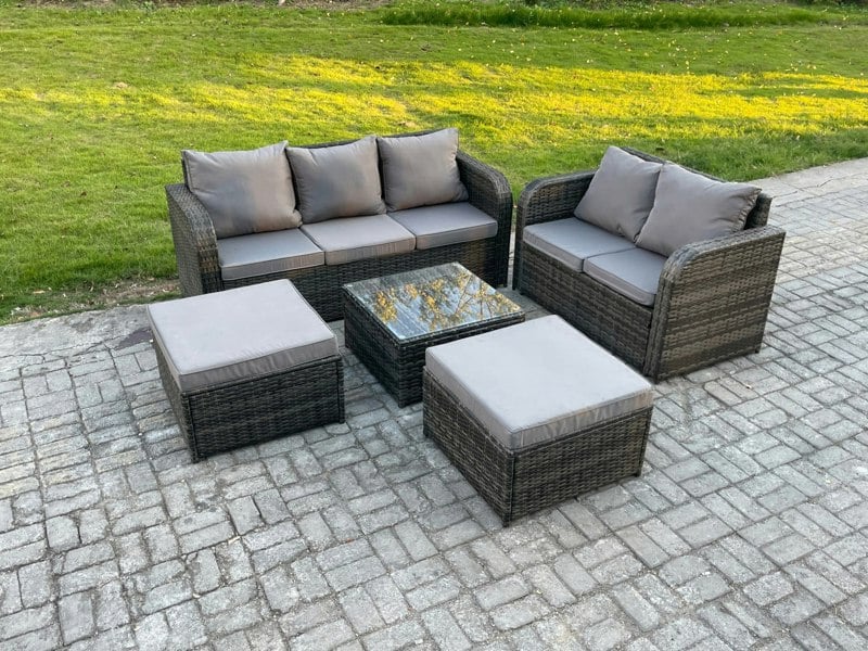Fimous PE Rattan Garden Furniture Sets 7 Seater Outdoor Lounge Sofa Set Square Coffee Table 2 Big Footstool