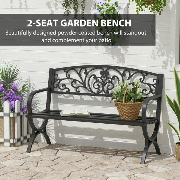 Black powder-coated steel 2-seat garden bench with ornate back panel and slatted seat