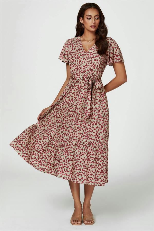 FS Collection Pink Floral Print Wrap Midi Dress In Beige