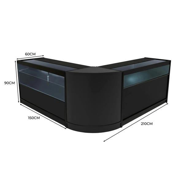 Black Adonis LED Shop Counter Set featuring sleek glass display sections, curved design, and precise measurements for retail spaces