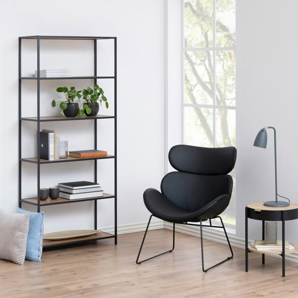 Furniture To Go Seaford Tall Black Metal Bookcase with 5 Shelves in Oak