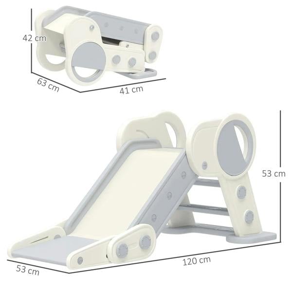 Foldable indoor slide in grey and beige with circular handrails and size measurements