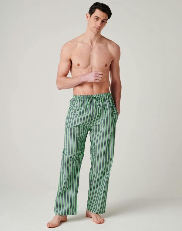 British Boxers Men's Crisp Cotton Pyjama Trousers – Green Flash Stripe