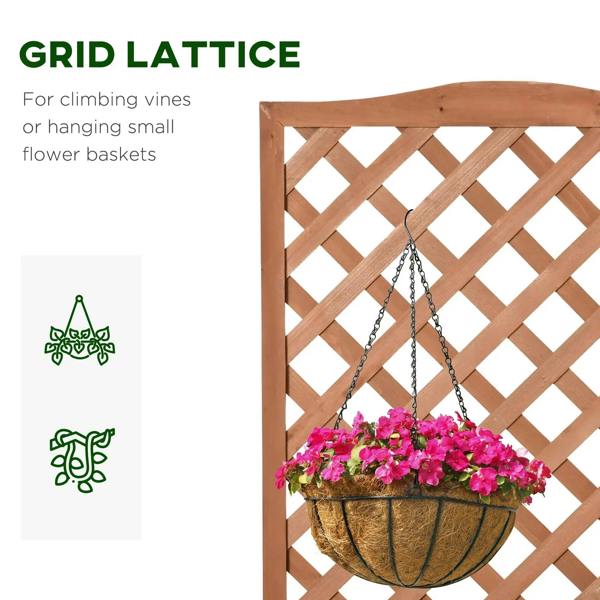 Brown wooden lattice trellis with hanging planter bowl for climbing vines or flowers