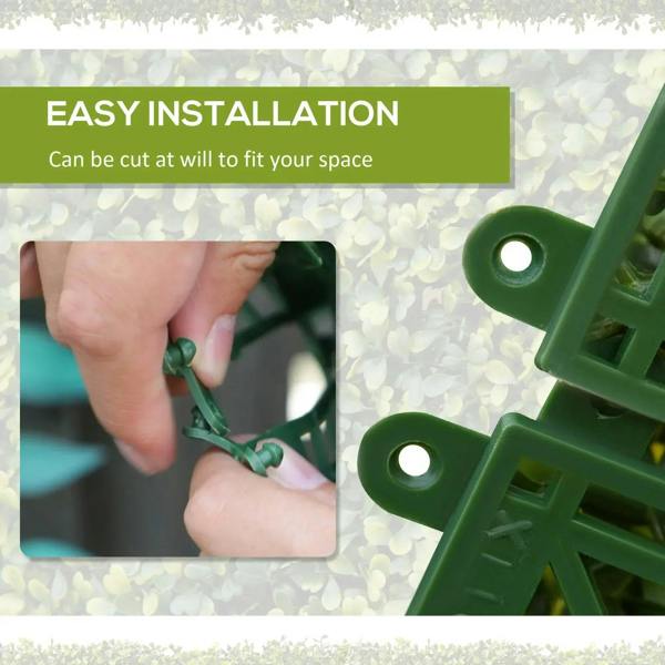 Artificial faux hedge panel with green mounting clips during installation