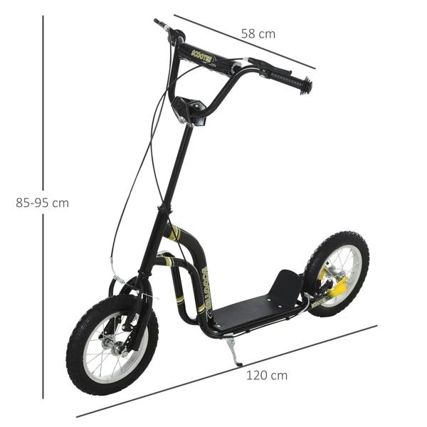 Black kids stunt scooter with adjustable handlebar and 12-inch wheels, shown with size measurements.