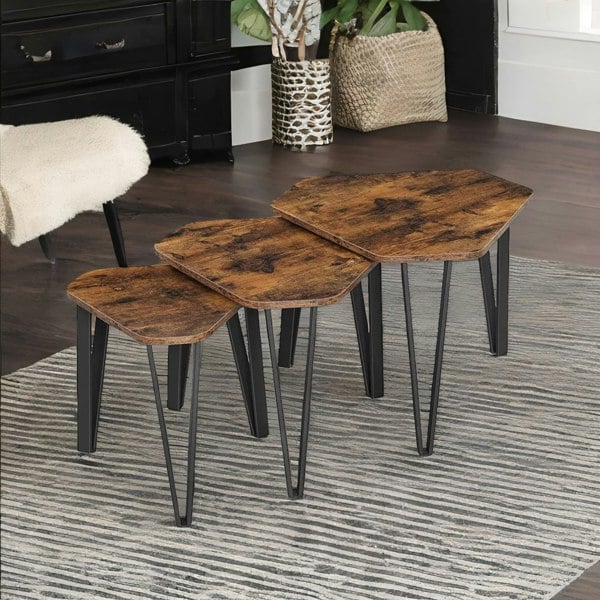 Rafaelo Mobilia Set Of 3 Industrial Nesting Tables Rustic Brown