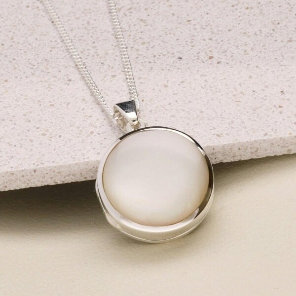 Christopher James of London Sterling Silver Round White Mother Of Pearl Locket With Optional Engraving & Chain