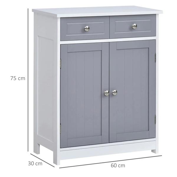 Freestanding grey and white bathroom cabinet with two drawers and two doors, front view