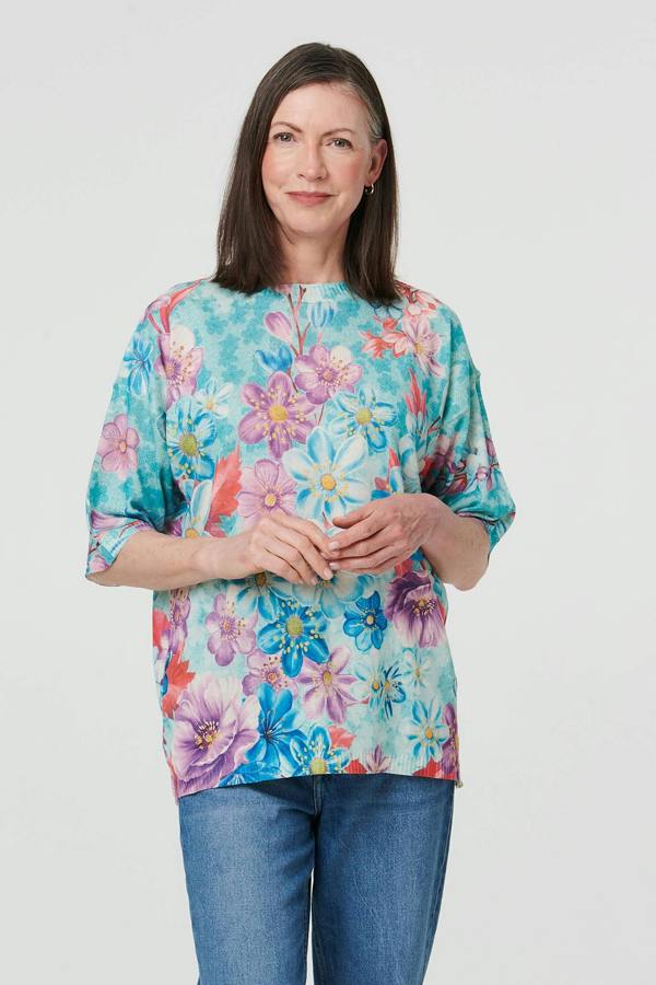 Green | Floral 1/2 Sleeve Relaxed Knit Top