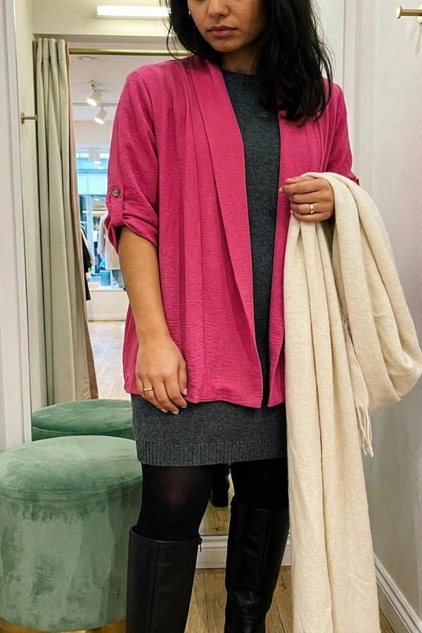 Vivian Open Front Roll Up Sleeve Cardigan - Fuschia