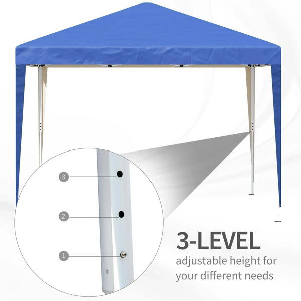 Blue pop-up gazebo canopy showing adjustable height mechanism on steel posts