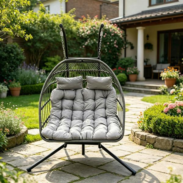 Fimous Indoor Outdoor Hammock Patio Rattan Double Egg Hanging Chair Garden With Grey Thick Cushion