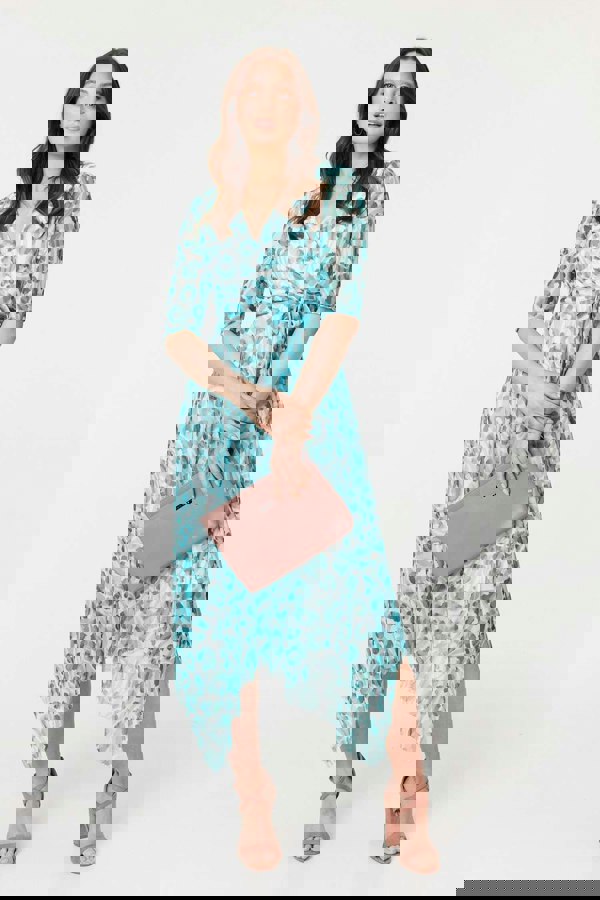 Teal | Animal Print Sheer Tie Waist Midi Dress