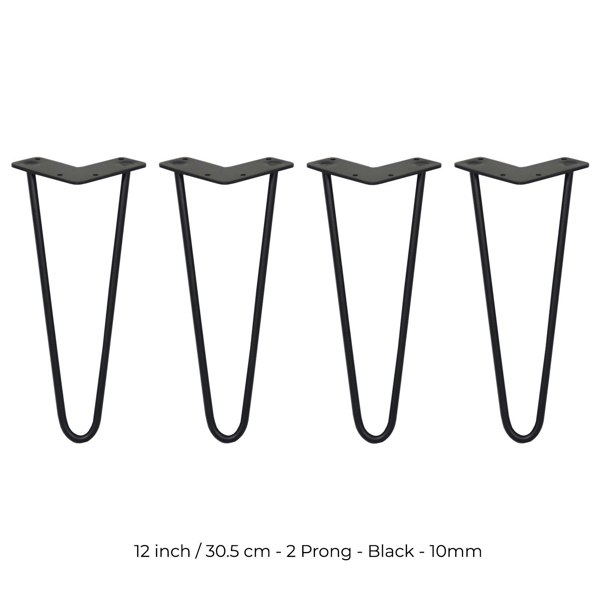 SkiSki 4 x 12" Hairpin Legs - 2 Prong - 10mm - Black