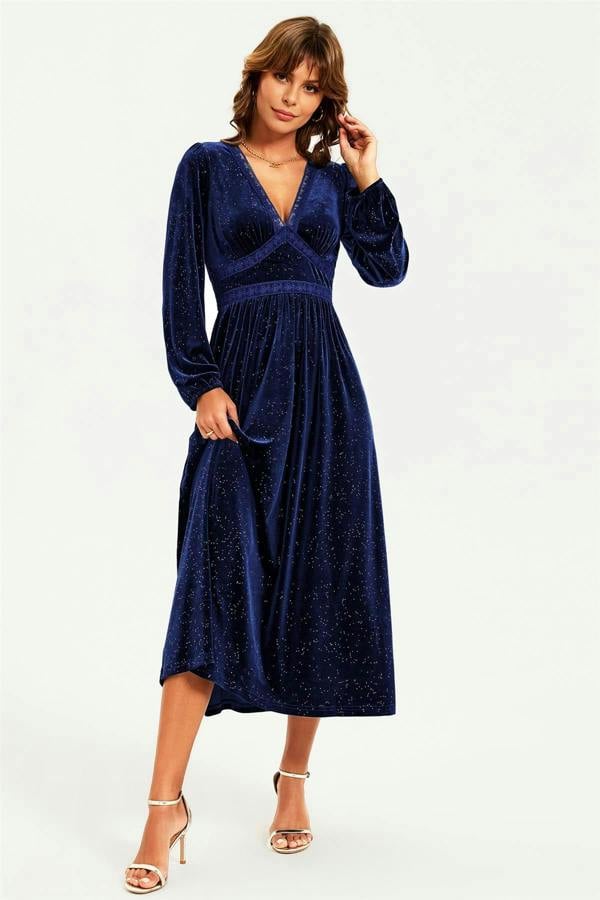 FS Collection Silver Foil Velvet Lace Trim Neckline Midi Dress In Navy