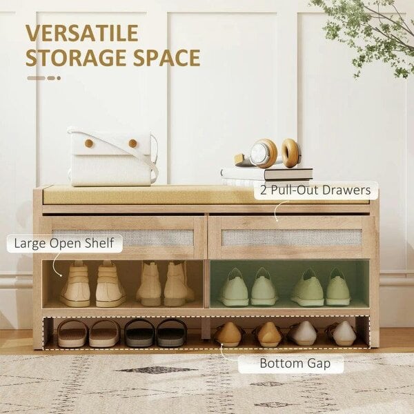 Boho Shoe Bench with 2 Rattan Drawers, Shoe Storage Bench with Cushioned Seat and Open Shelf Oak Wood Effect