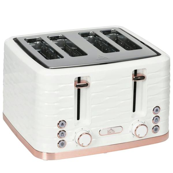 White four-slice toaster with metal control knobs and lever handles