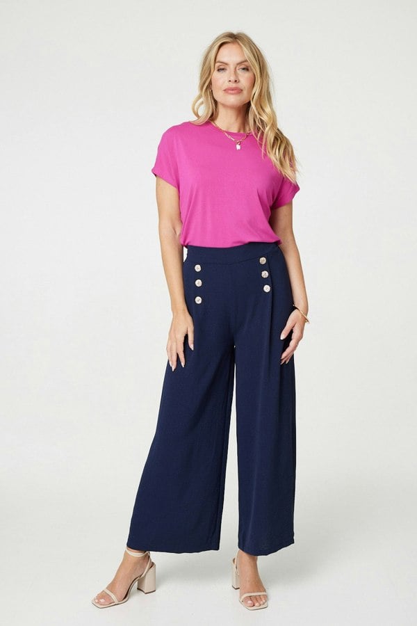 Navy | Button Detail Wide Leg Trousers