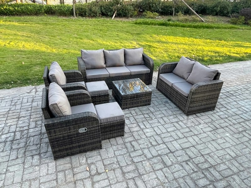 Fimous 9 Seater Garden Furniture Set Rattan Outdoor Lounge Sofa Chair With Tempered Glass Table 2 Small Footstools Dark Grey Mixed