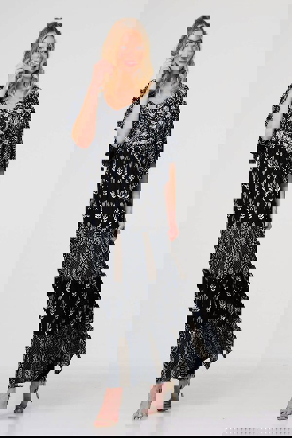 Black | Leaf Print 3/4 Kimono Sleeve Maxi Dress