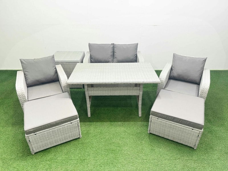 Fimous Light Grey PE Wicker Rattan Garden Furniture Set Sofa Set Reclining Chair Rectangular Dining Table 6 Seater 2 Big Stools Side Table