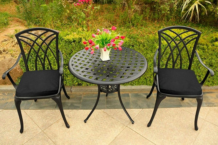 Centurion Supports OSHOWA Garden and Patio Table and 2 Large Chairs with Armrests Cast Aluminium Bistro Set - Black Cushions