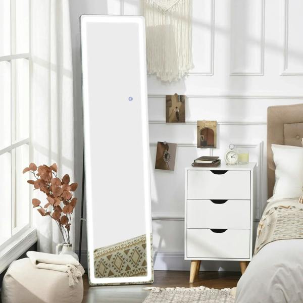 Tall LED floor mirror with black frame and bright glowing border, full-length rectangle