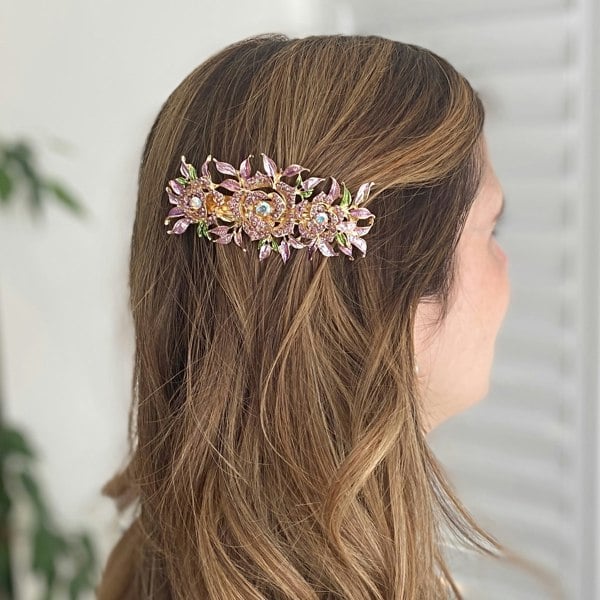 Crystal Hair Clip Large Rose Lilac Hair Down
