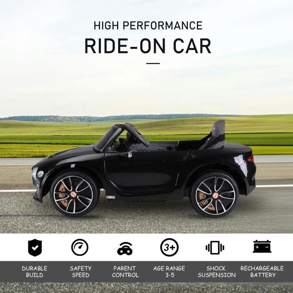 Black ride-on car side view with sporty wheels and open driver seat