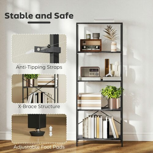 Wyld Haus Livemi Metal And Wood Dark Grey And Black 5 Tier Industrial Bookcase