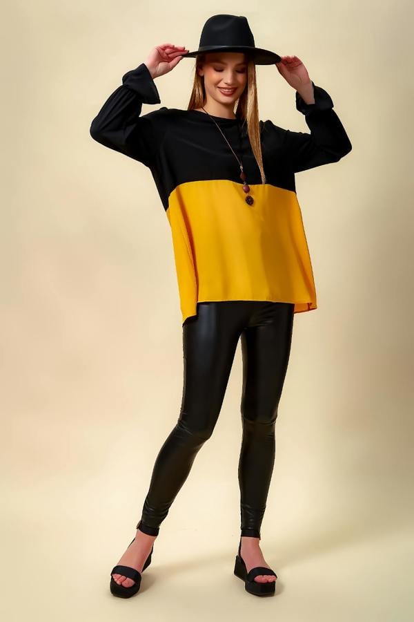 Hoxton Gal Colour Block Blouse in Black and Yellow
