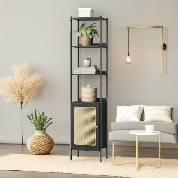 Rafaelo Mobilia Rattan-Like Narrow Bookcase Storage Cabinet With 2 Open Adjustable Shelves Black