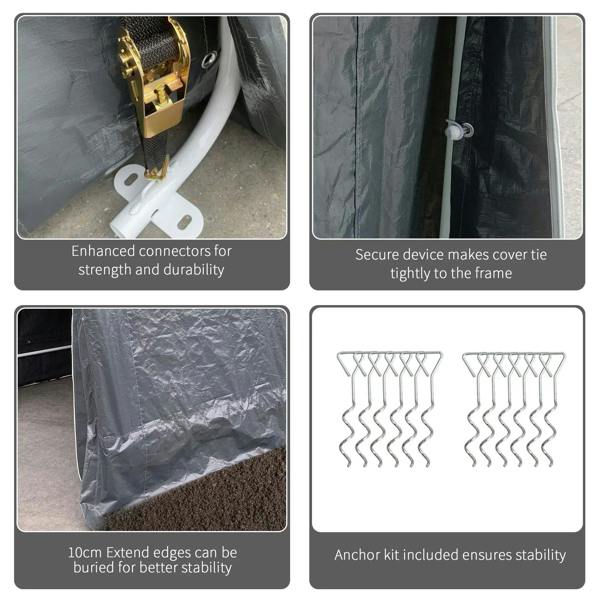 Temporary shed tie-down kit with extended edge anchors and stabilizing clips