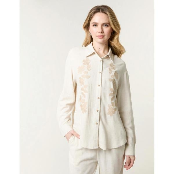 Blue Vanilla Linen Flower Embroidery Blouse