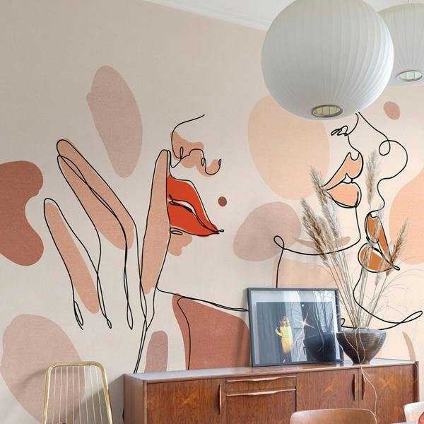 Grandeco Abstract Faces Red Lip Make-up 7 Panel Mural 3.71 x 2.8m, Nude